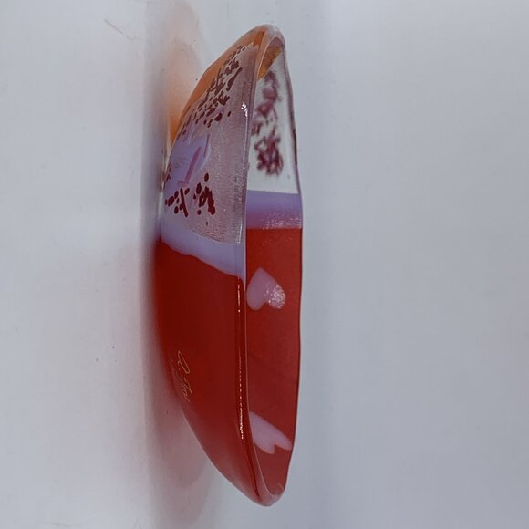 A Fox Fused Glass Heart Plate Tray 5” 1994 Art Glass Red Lavender Orange - Picture 7 of 9